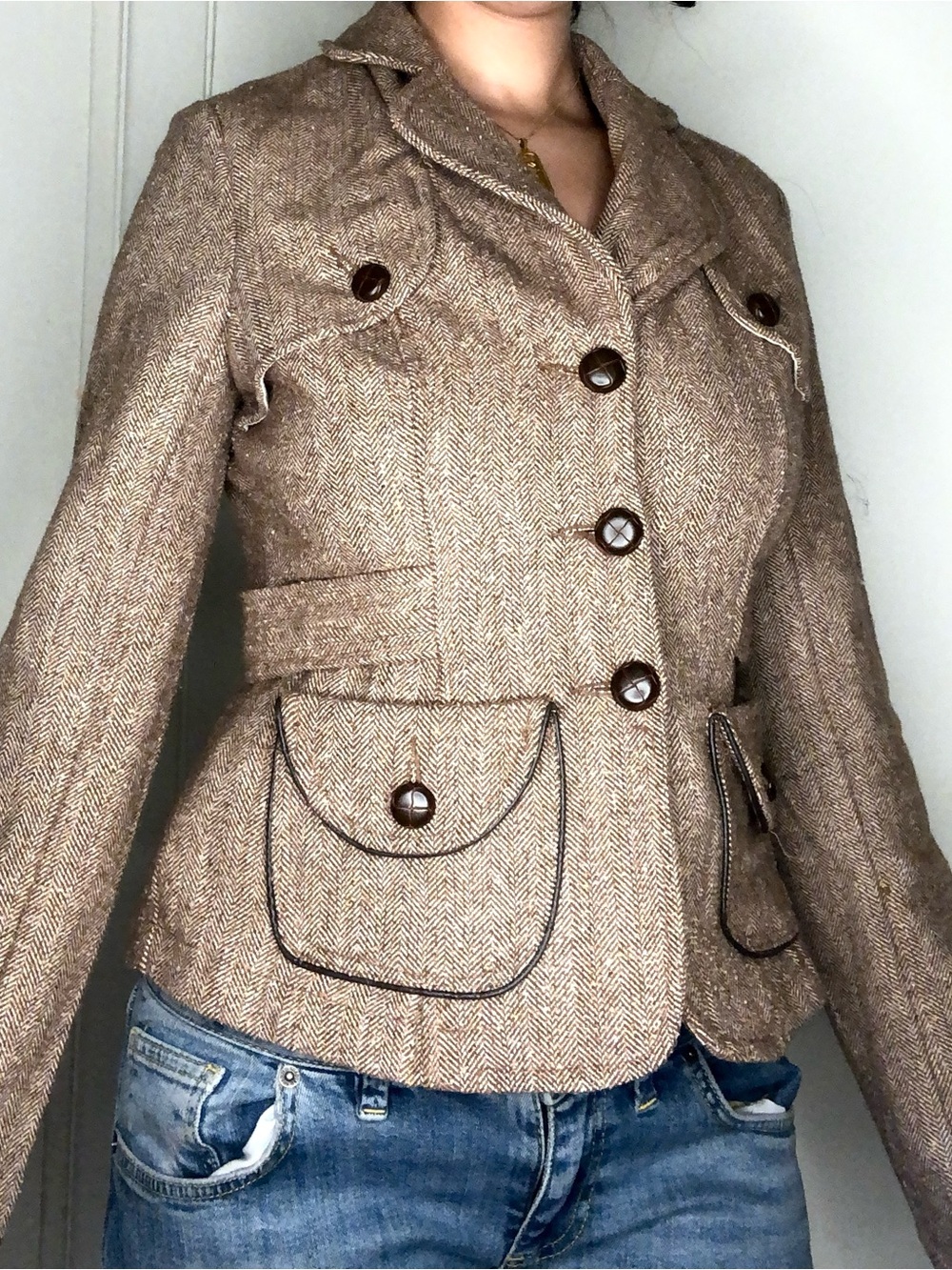 Tailored Brown Herringbone Women's Blazer Jacket
